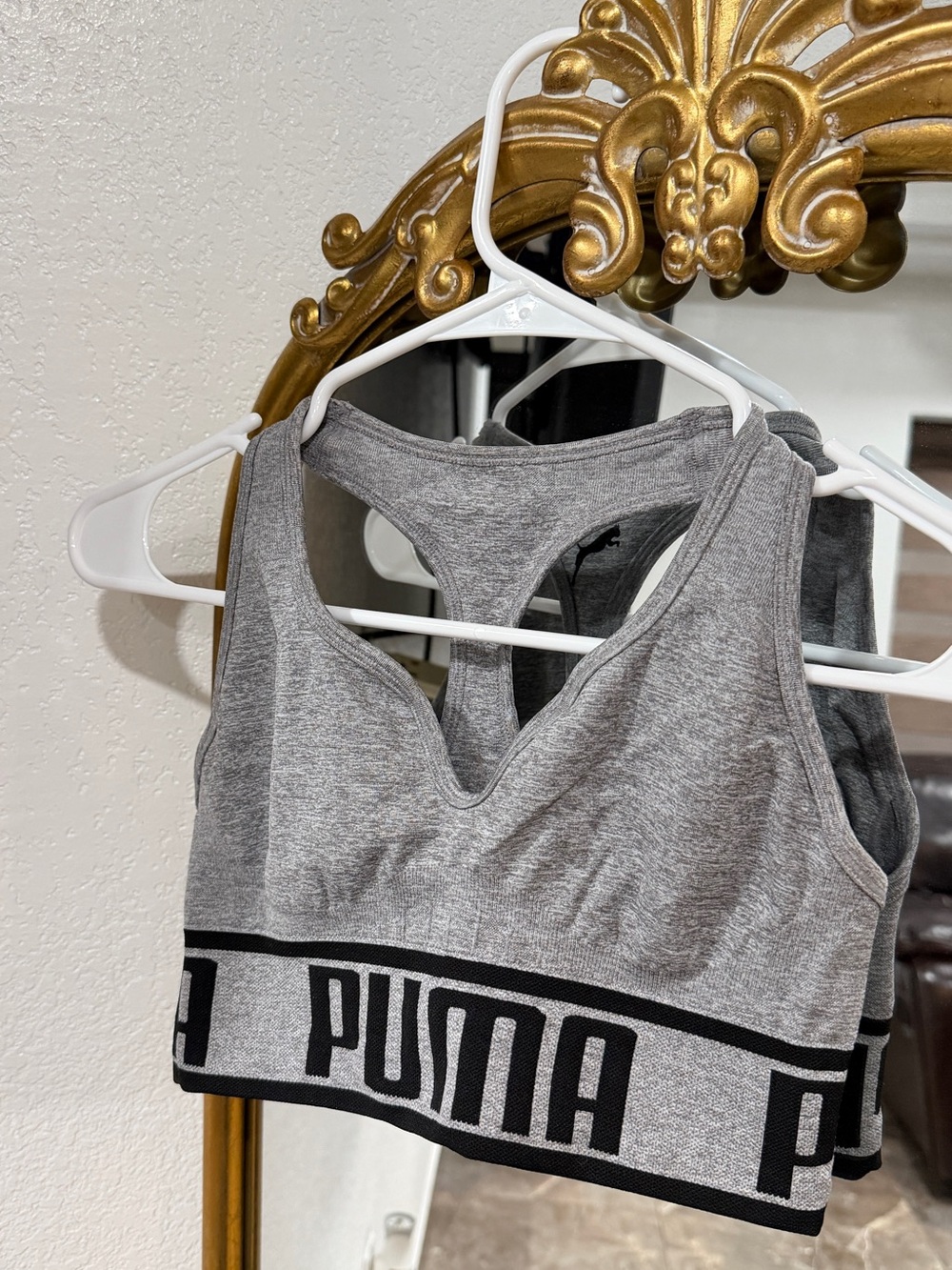 PUMA Heather Gray Racerback Seamless Sports Bra with Branded Band